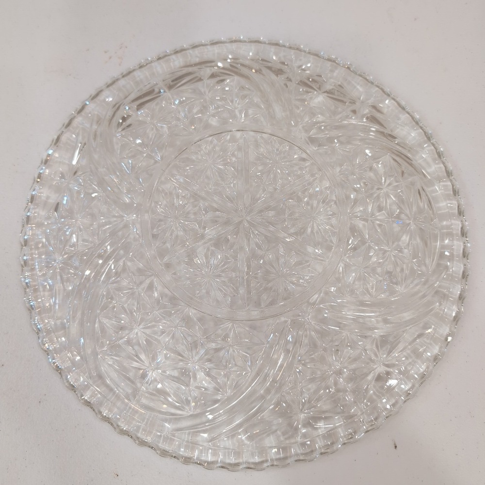 VTG Cut Glass Starburst Pattern Serving Platter Round Scalloped Edge 12.5" - Picture 5 of 8